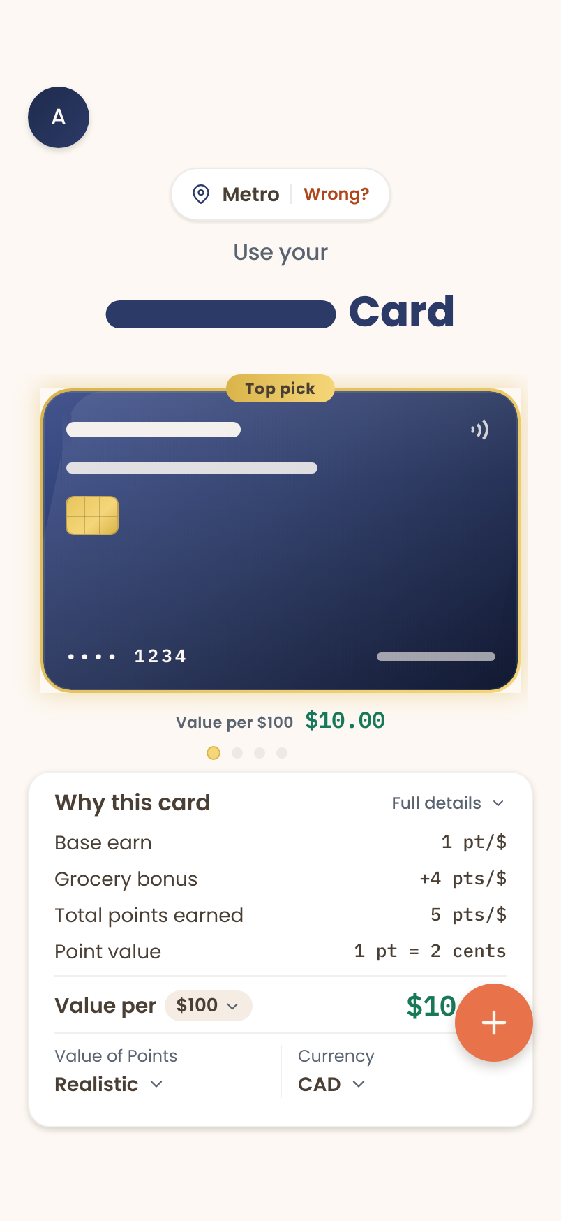 CardCoach Now screen: Use your top-pick card, value per $100